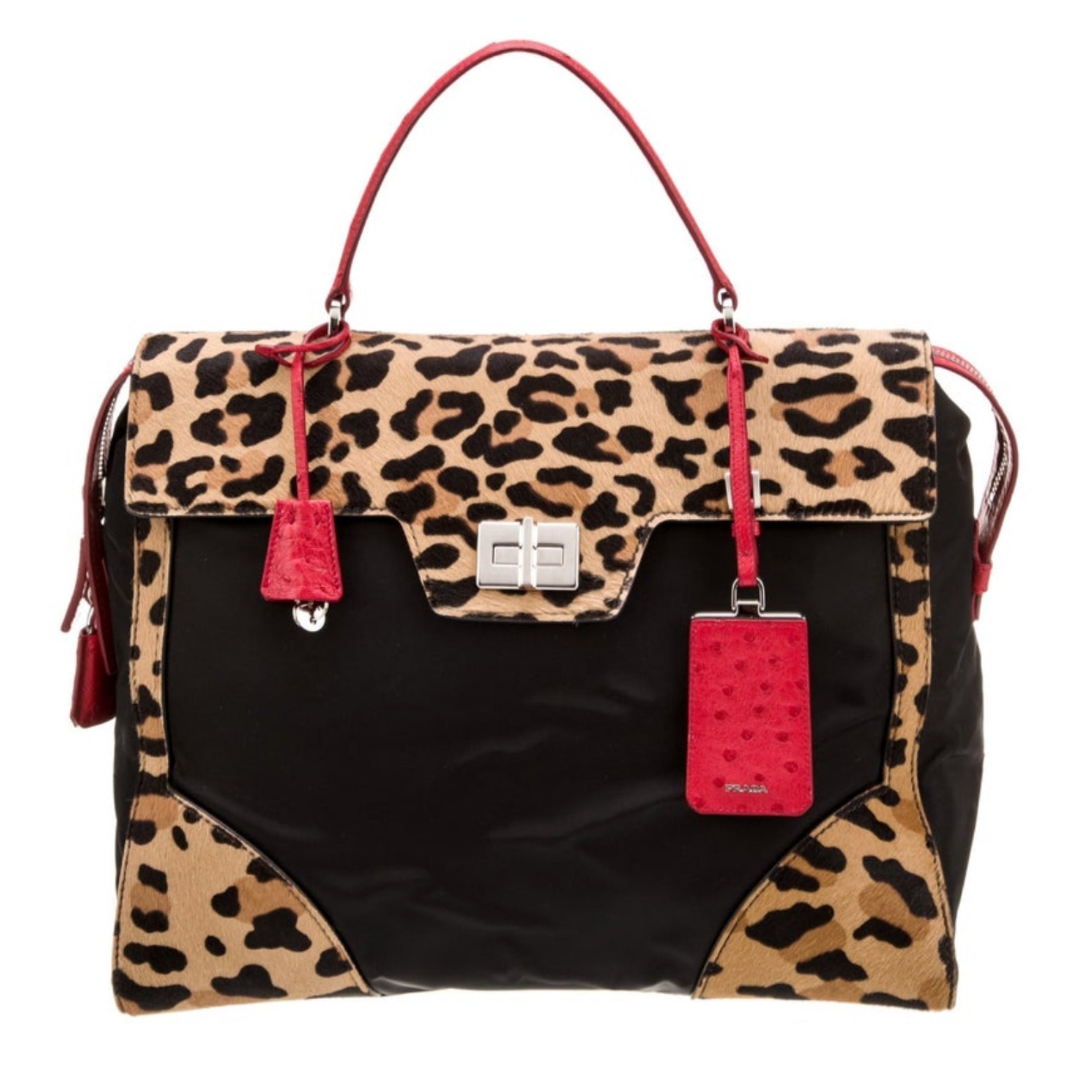 Prada Large Leopard Pony Hair Nylon Ostrich Top Handle Bag