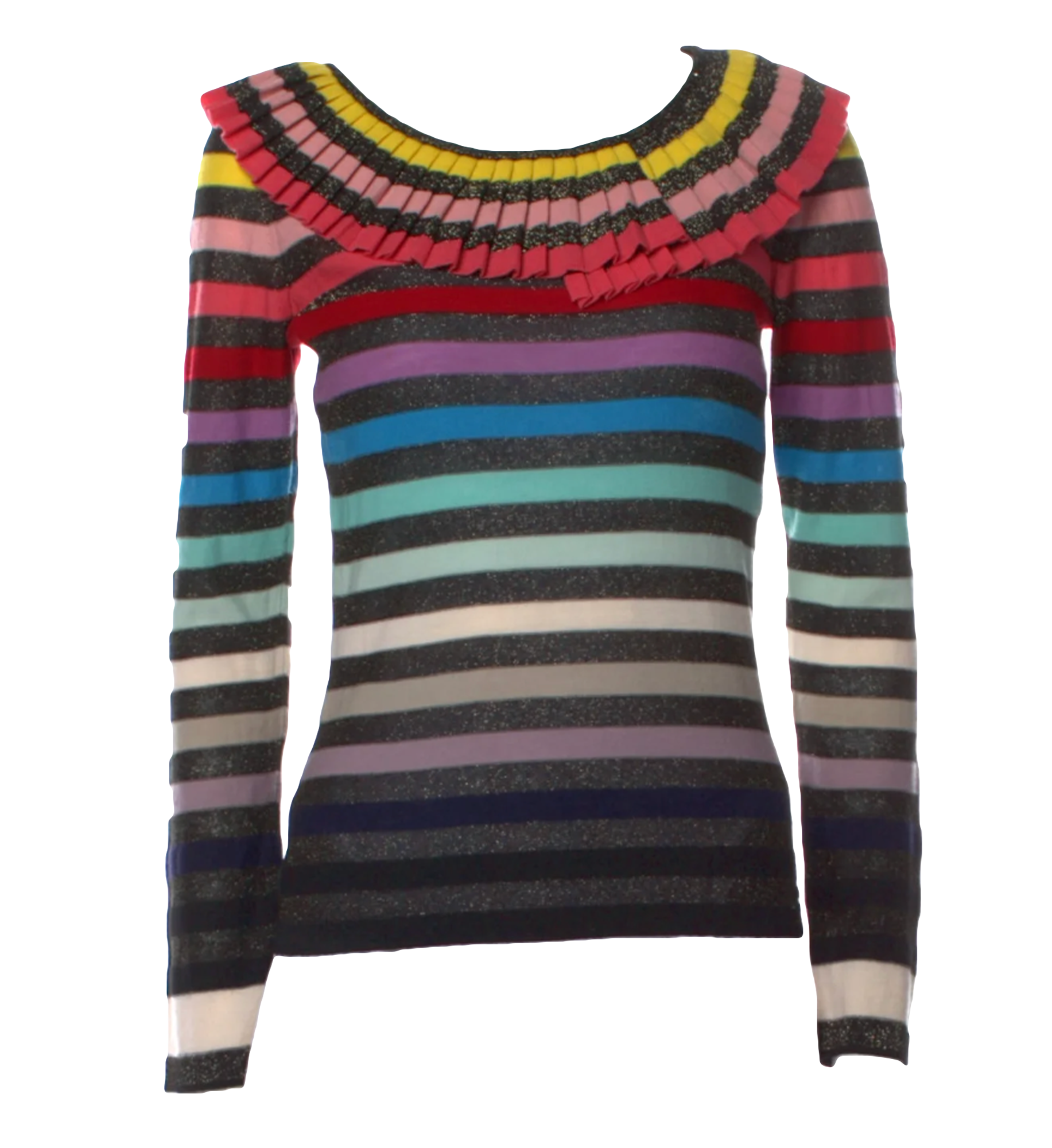 Sonia Rykiel Rainbow Striped Ruffle Scoop Neck Sweater