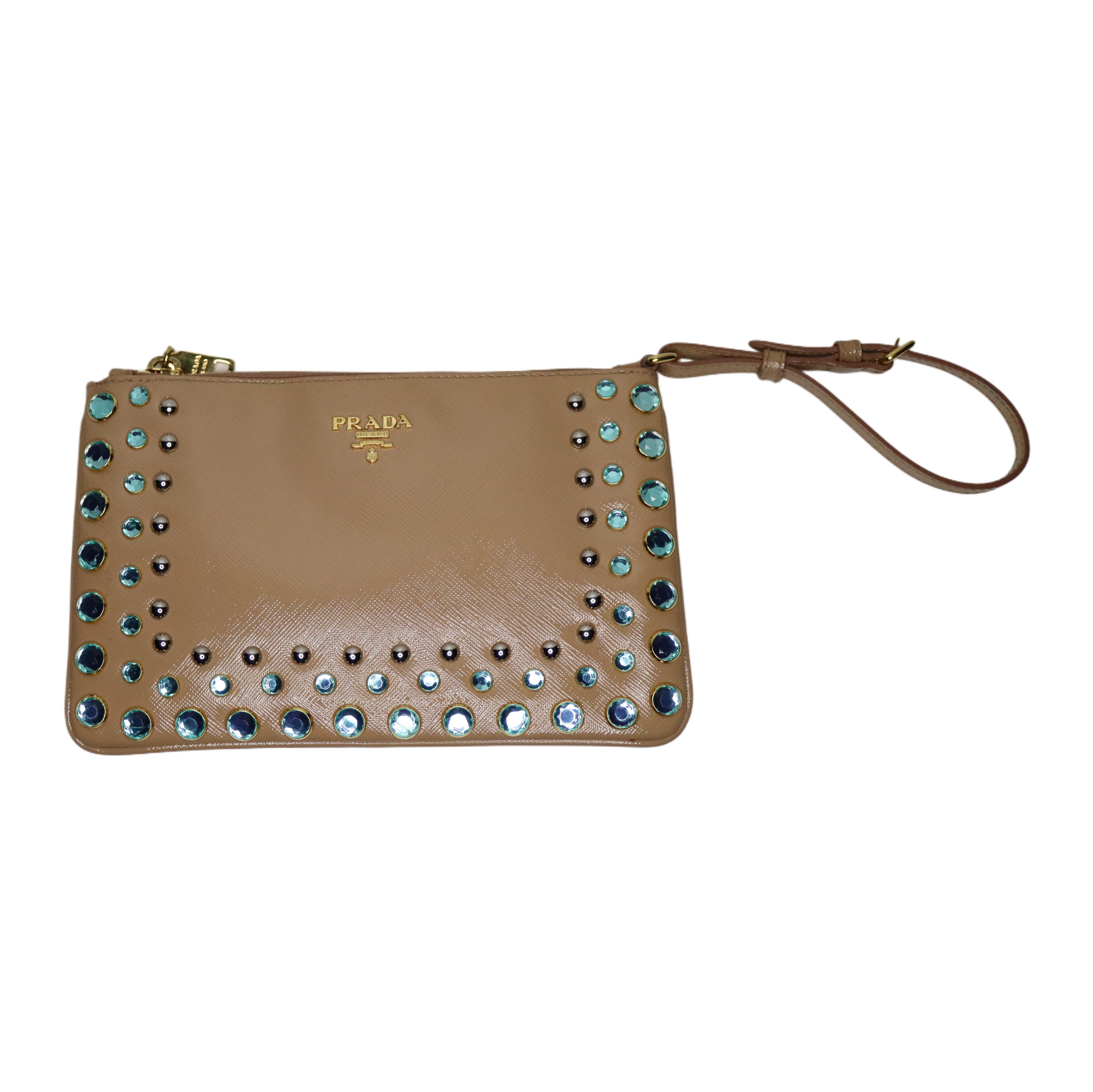 Prada Saffiano Leather Crystal Embellished Wristlet